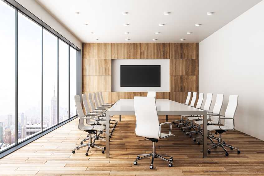 Modern wooden meeting room interior with empty banner and panoramic city view with sunlight. Mock up, 3D Rendering